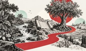 River, path, scroll, and flourishing tree representing the biblical story