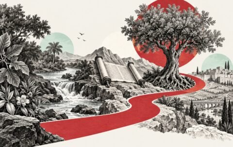 River, path, scroll, and flourishing tree representing the biblical story