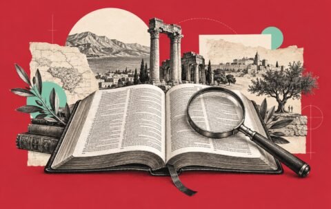 Open Bible and magnifying glass representing careful interpretation of Scripture