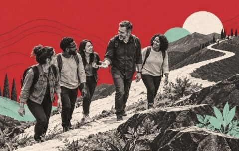 Diverse group walking uphill together representing servant leadership